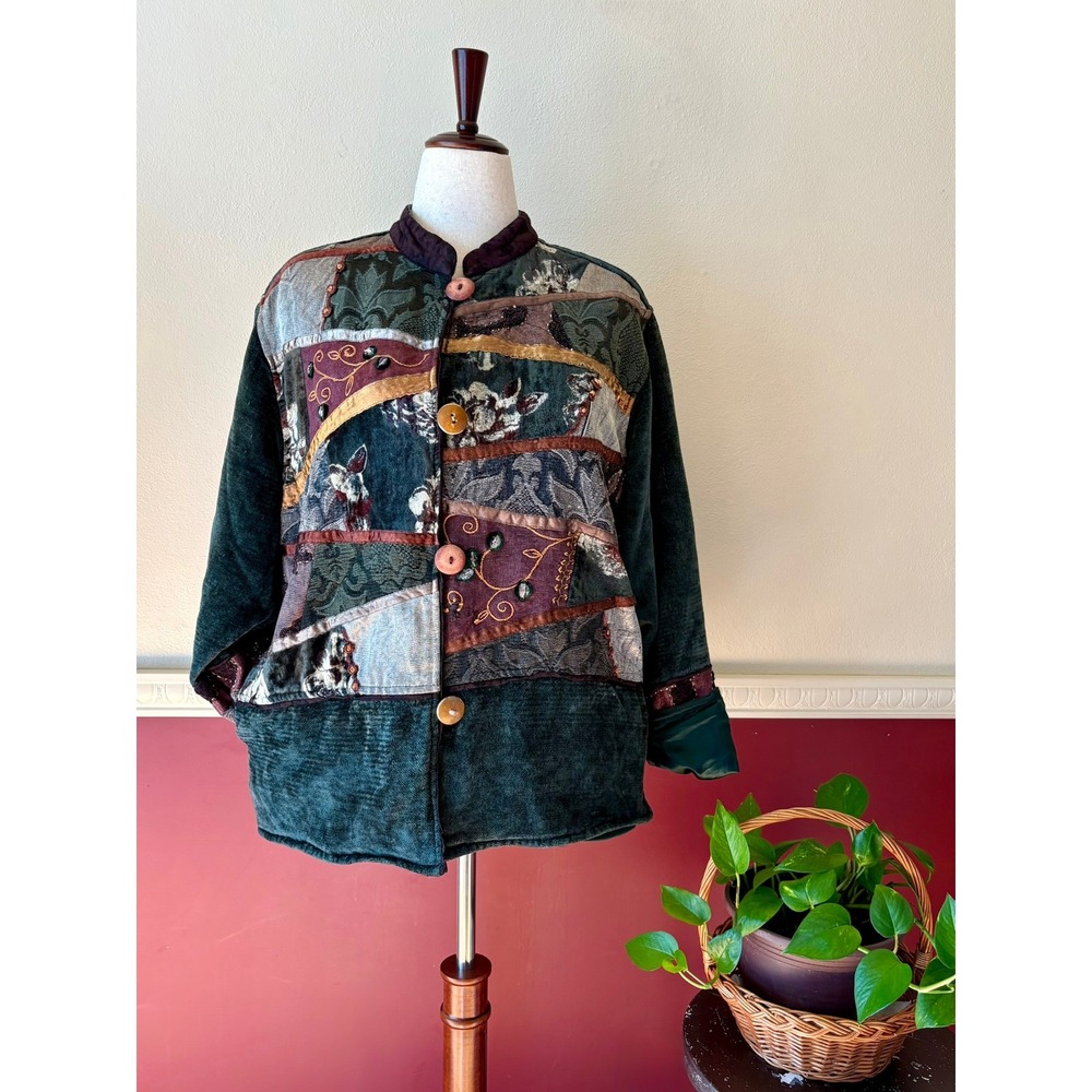 Vintage‎ 90s Timbuktu Station Patchwork Tapestry Jacket Green Embroidered Size L